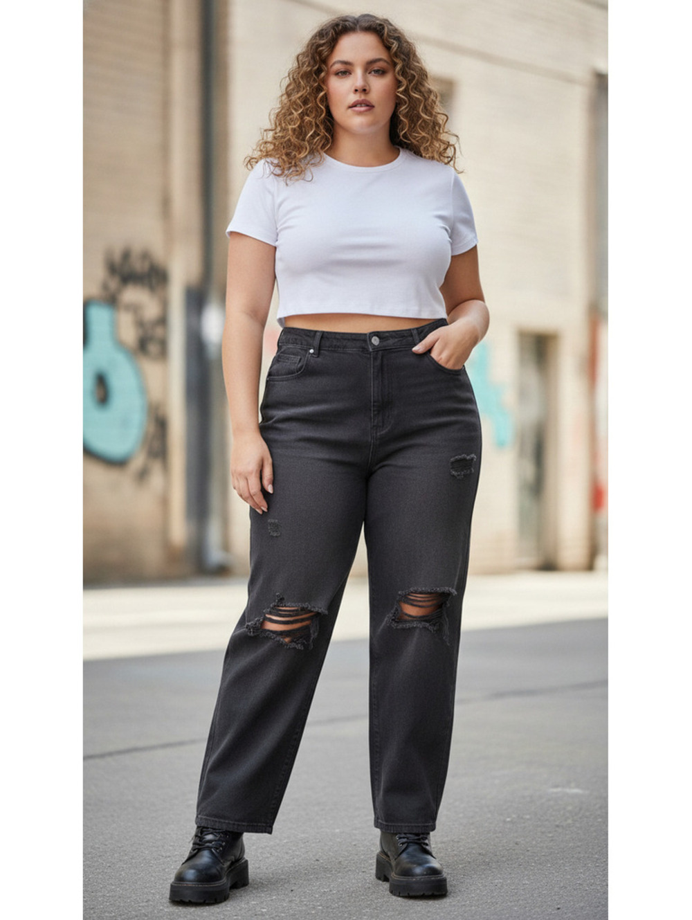 Black Ripped High Waist Mom Jeans Plus Size XL